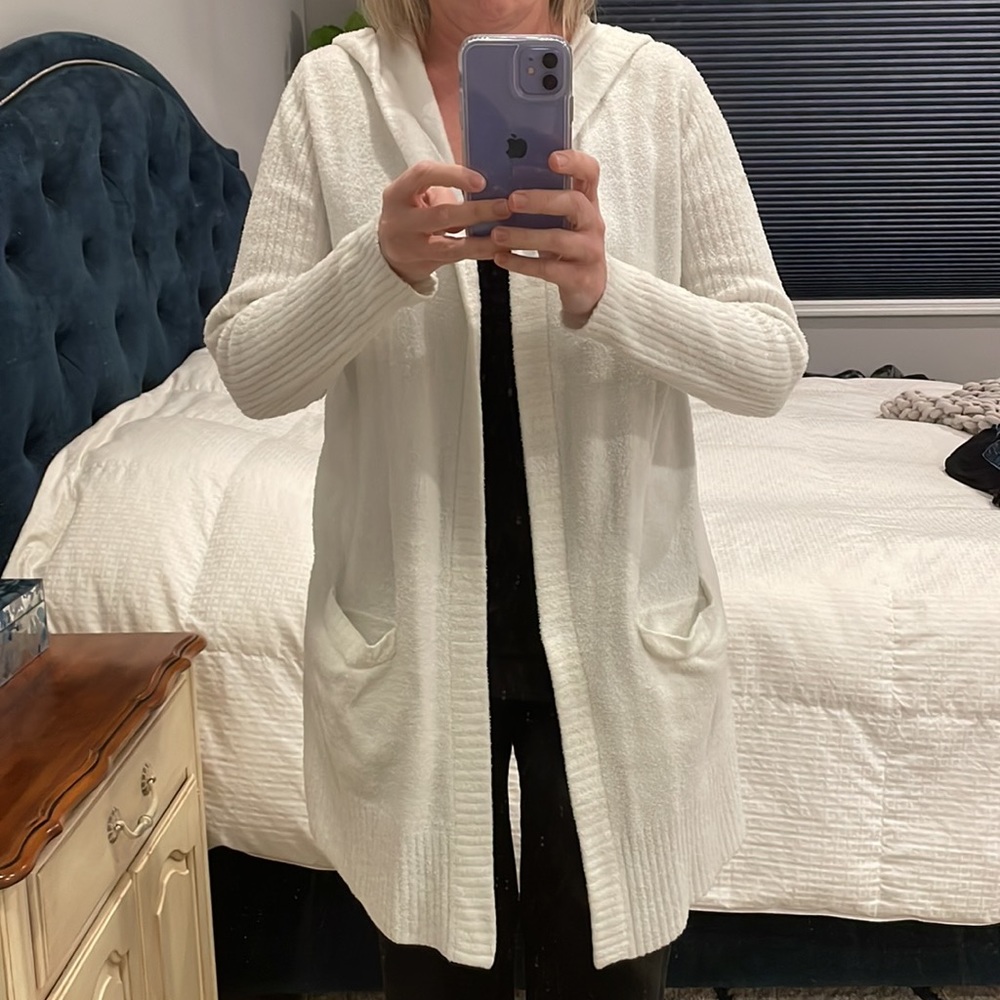 Barefoot Dreams Long Cozy Chic Lite Cardigan ribbed sleeves, hood, pockets
